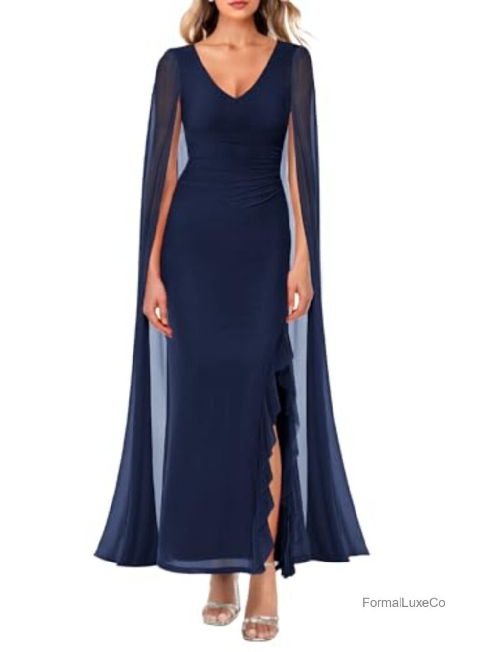 Evening Gown V Neck High Split Maxi Cape Sleeve Formal Party Dress